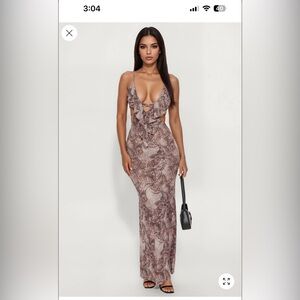 Fashion Nova Krissy Mesh Ruffle Maxi Dress - Brown/ combo NWT